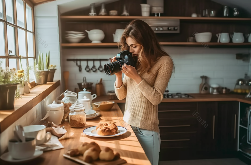 女摄影师在餐桌上拍摄食物,高清,摄影图,摄影图片,图片大全,摄影图免费下载